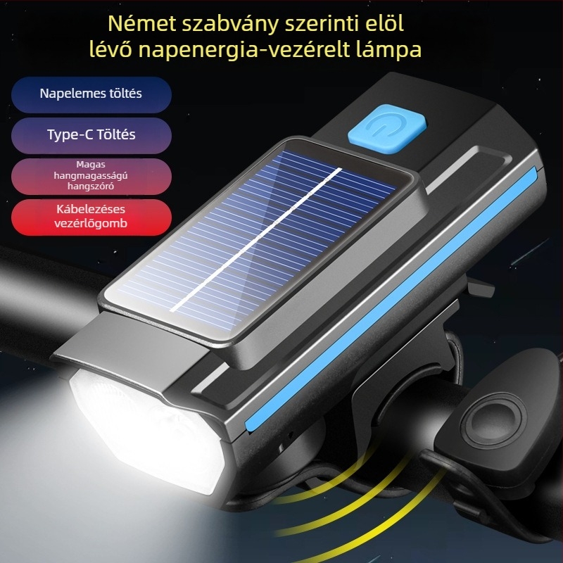 HARONBK Napenergia-töltésű kerékpár első lámpa, kürt és csengő, erős LED zseblámpa, hegymászáshoz éjszaka