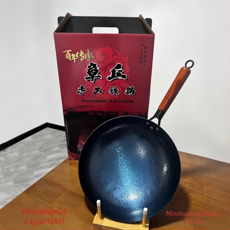 Wok vasból, bevonat nélküli, kovácsoltvas aljjal, gáztűzhelyhez alkalmas, súly 1,3 kg