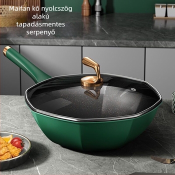 Maifan kőből készült wok, nem tapadó bevonat, nyolcszögletű forma, üvegfedél, vas test, indukciós és gáztűzhely-kompatibilis