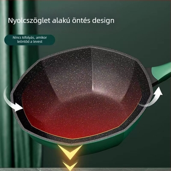 Maifan kőből készült wok, nem tapadó bevonat, nyolcszögletű forma, üvegfedél, vas test, indukciós és gáztűzhely-kompatibilis
