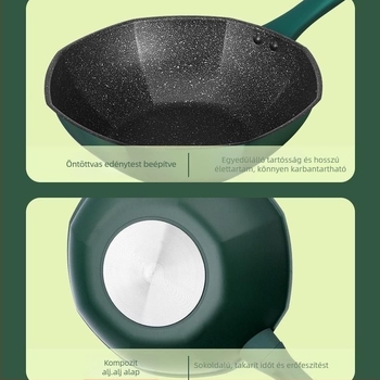 Maifan kőből készült wok, nem tapadó bevonat, nyolcszögletű forma, üvegfedél, vas test, indukciós és gáztűzhely-kompatibilis