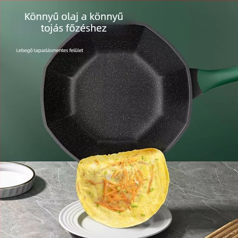 Maifan kőből készült wok, nem tapadó bevonat, nyolcszögletű forma, üvegfedél, vas test, indukciós és gáztűzhely-kompatibilis