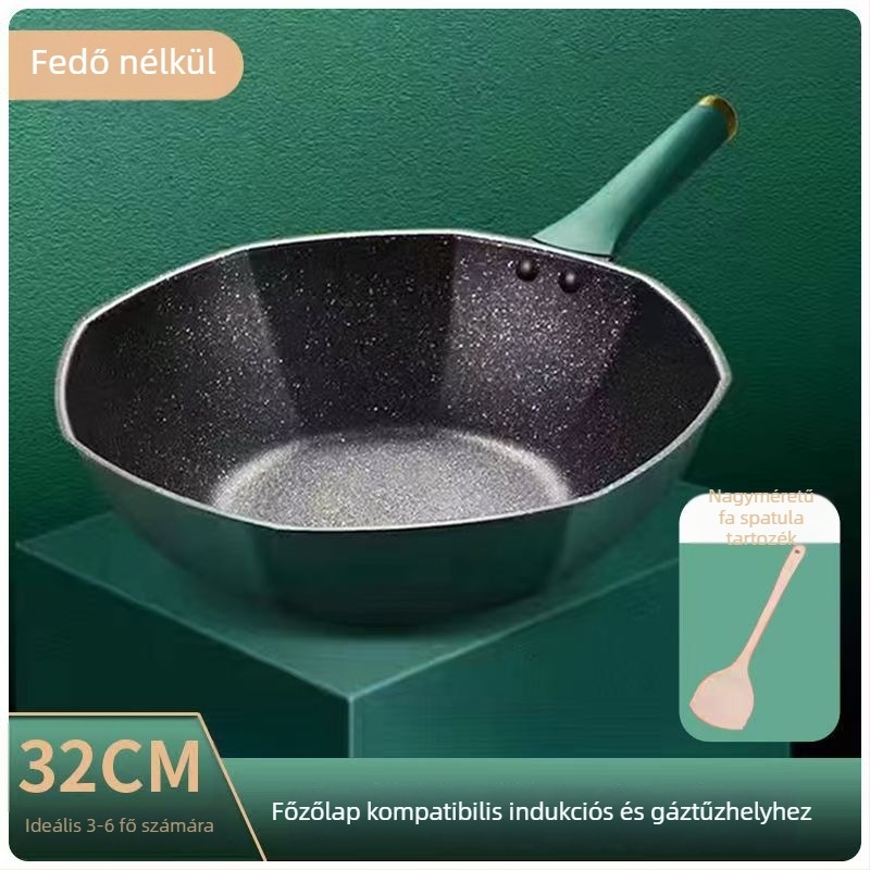 Maifan kőből készült wok, nem tapadó bevonat, nyolcszögletű forma, üvegfedél, vas test, indukciós és gáztűzhely-kompatibilis
