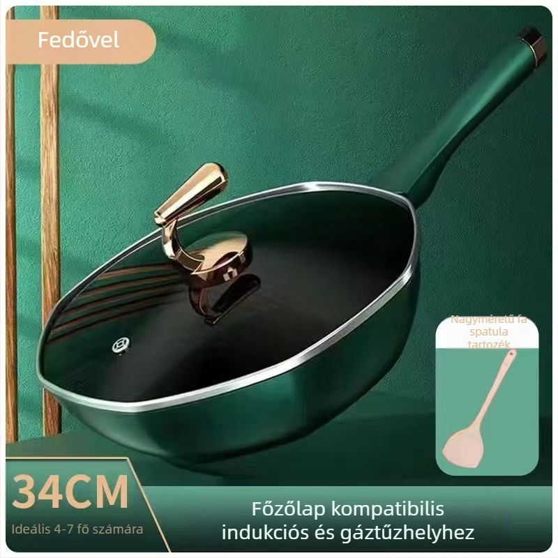 Maifan kőből készült wok, nem tapadó bevonat, nyolcszögletű forma, üvegfedél, vas test, indukciós és gáztűzhely-kompatibilis