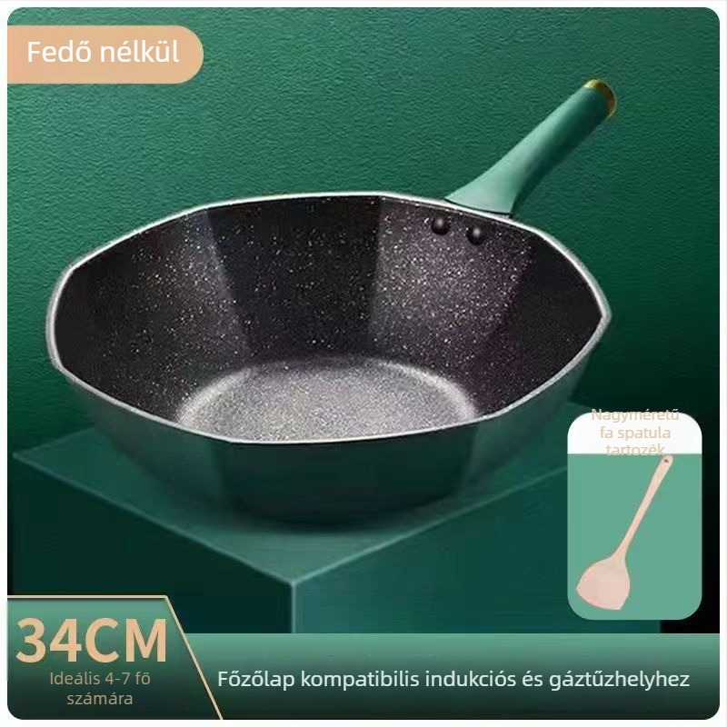 Maifan kőből készült wok, nem tapadó bevonat, nyolcszögletű forma, üvegfedél, vas test, indukciós és gáztűzhely-kompatibilis