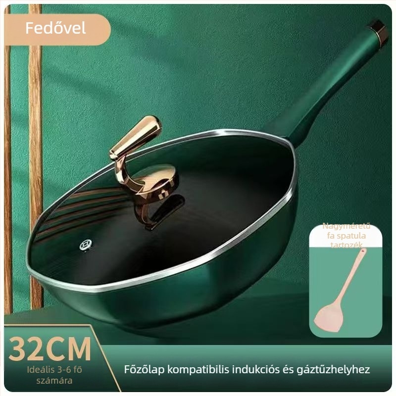 Maifan kőből készült wok, nem tapadó bevonat, nyolcszögletű forma, üvegfedél, vas test, indukciós és gáztűzhely-kompatibilis