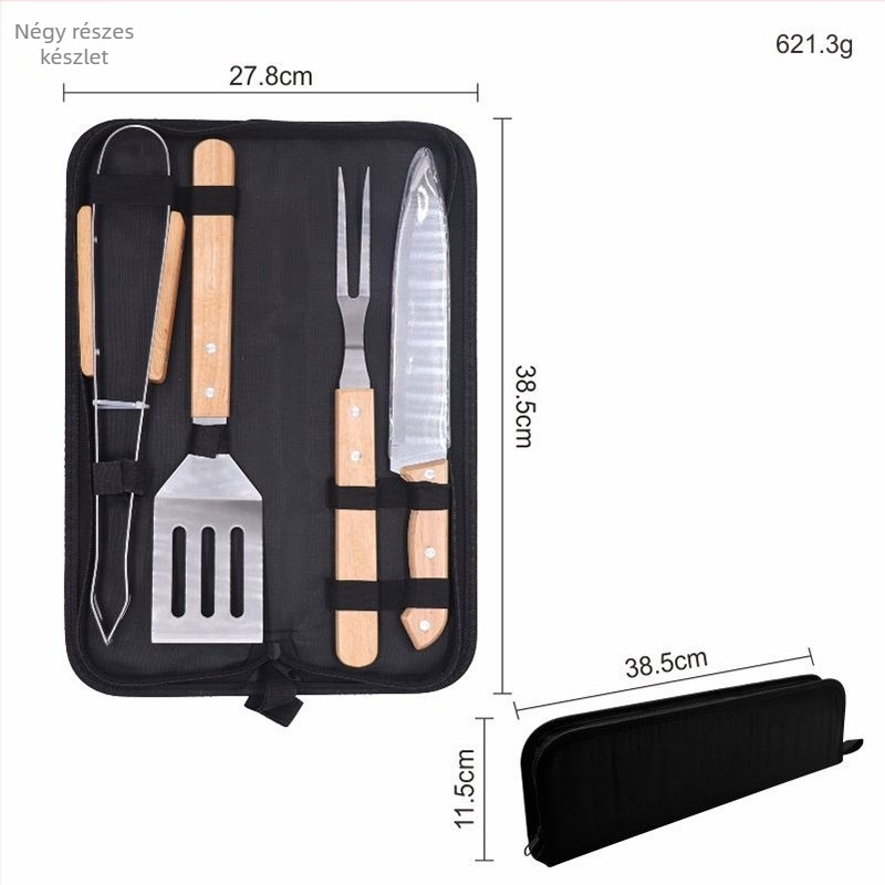Rozsdamentes acél BBQ eszközkészlet, 4 darabos, lótuszfa fogantyúkkal: kés, villa, fogó, spatula