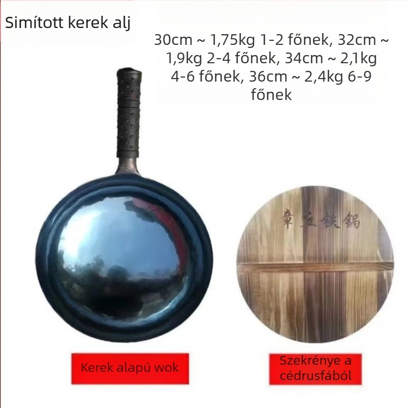 Wok kovácsoltvasból, bevonat nélküli, tapadásmentes, fedél fa, egylapos aljzattal, mélység 11