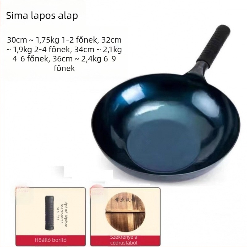 Wok kovácsoltvasból, bevonat nélküli, tapadásmentes, fedél fa, egylapos aljzattal, mélység 11