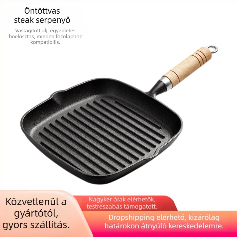 Vastagított öntöttvas steak serpenyő, bevonat nélküli, fa nyéllel, indukciós és gáztűzhelyekkel kompatibilis