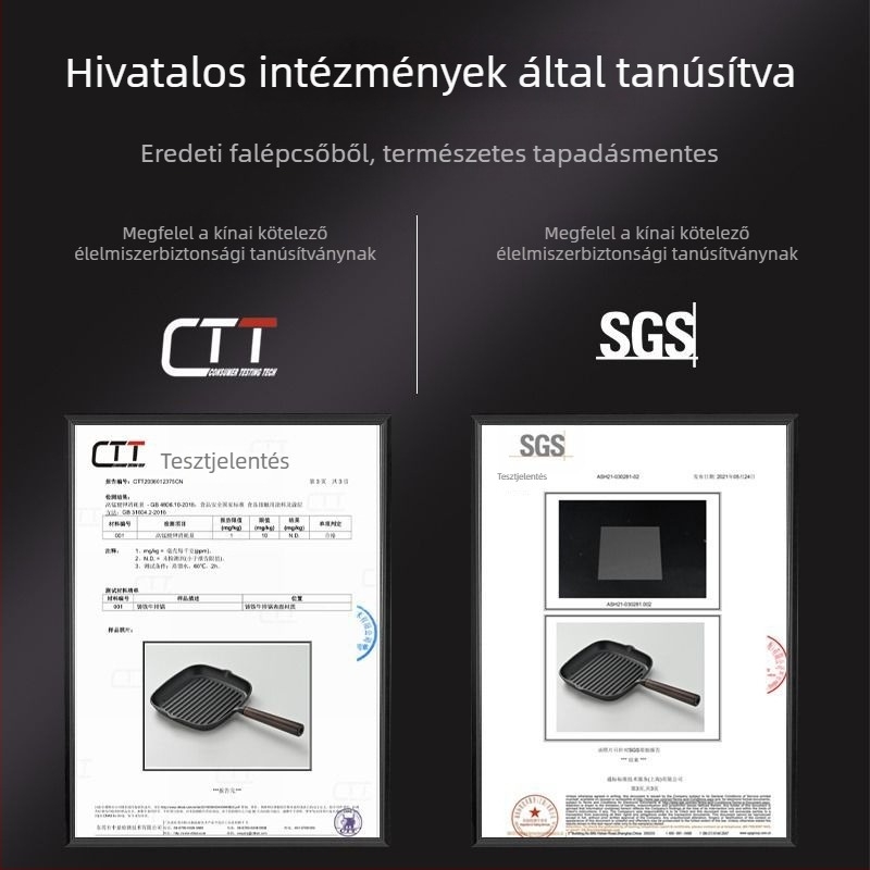 Vastagított öntöttvas steak serpenyő, bevonat nélküli, fa nyéllel, indukciós és gáztűzhelyekkel kompatibilis