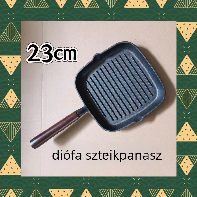 Vastagított öntöttvas steak serpenyő, bevonat nélküli, fa nyéllel, indukciós és gáztűzhelyekkel kompatibilis