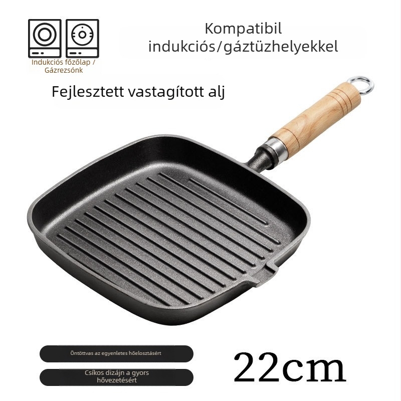 Vastagított öntöttvas steak serpenyő, bevonat nélküli, fa nyéllel, indukciós és gáztűzhelyekkel kompatibilis