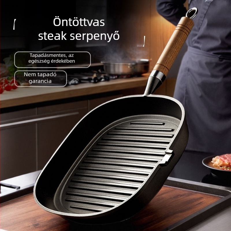 Vastagított öntöttvas steak serpenyő, bevonat nélküli, fa nyéllel, indukciós és gáztűzhelyekkel kompatibilis