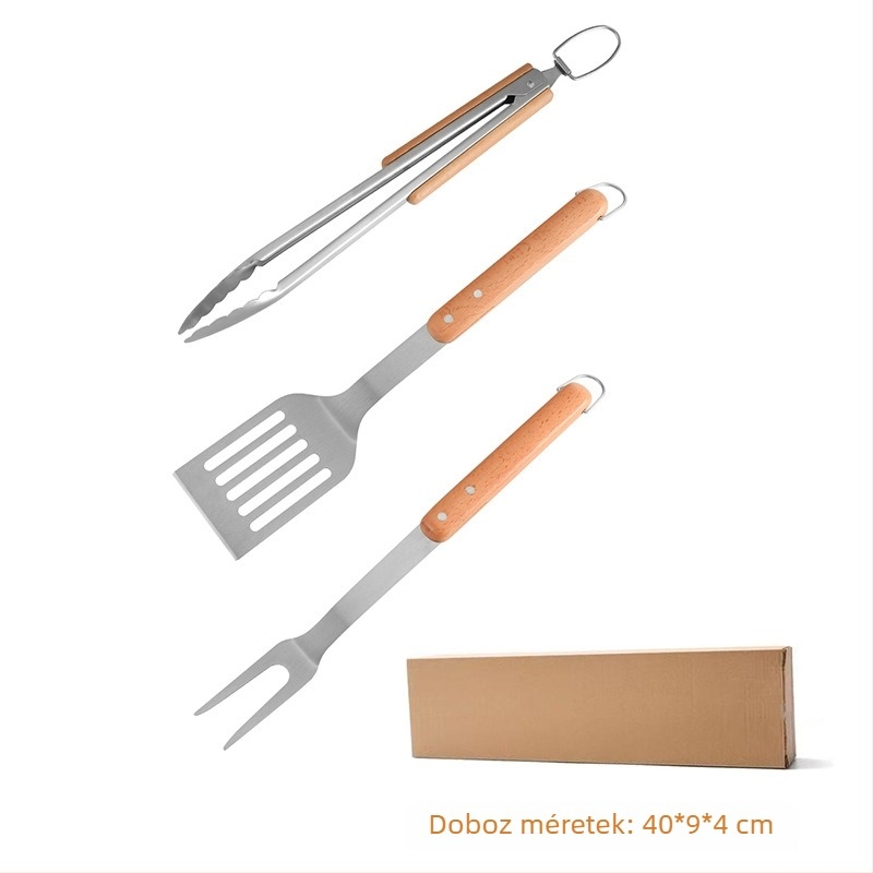 Rozsdamentes acél BBQ eszközkészlet bükkfa fogantyúval, 4 darabos készlet: spatula, grillfogó, villa, kés