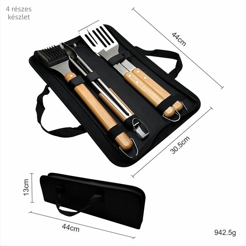 Rozsdamentes acél BBQ eszközkészlet bükkfa fogantyúval, 4 darabos készlet: spatula, grillfogó, villa, kés