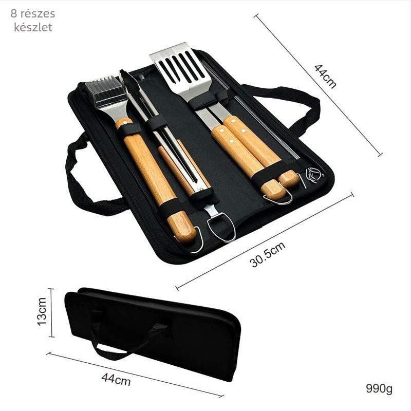Rozsdamentes acél BBQ eszközkészlet bükkfa fogantyúval, 4 darabos készlet: spatula, grillfogó, villa, kés