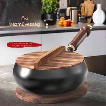 Új hagyományos wok fa fogóval, sík alj, bevonat nélkül, gáz- és indukciós tűzhelyhez