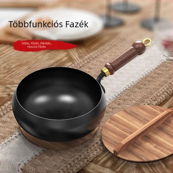 Új hagyományos wok fa fogóval, sík alj, bevonat nélkül, gáz- és indukciós tűzhelyhez