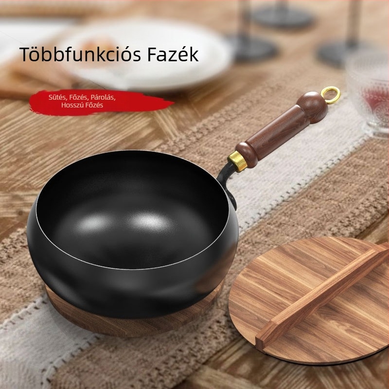 Új hagyományos wok fa fogóval, sík alj, bevonat nélkül, gáz- és indukciós tűzhelyhez