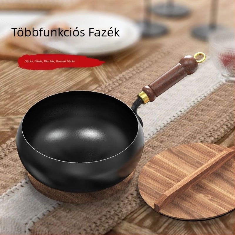 Új hagyományos wok fa fogóval, sík alj, bevonat nélkül, gáz- és indukciós tűzhelyhez