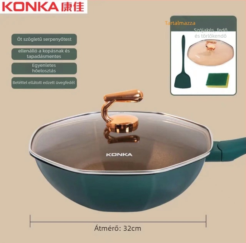 Konka titán nyolcszögletű wok antiadhéziós bevonattal, többrétegű alj, fedő temperált üvegből