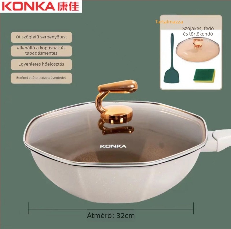 Konka titán nyolcszögletű wok antiadhéziós bevonattal, többrétegű alj, fedő temperált üvegből