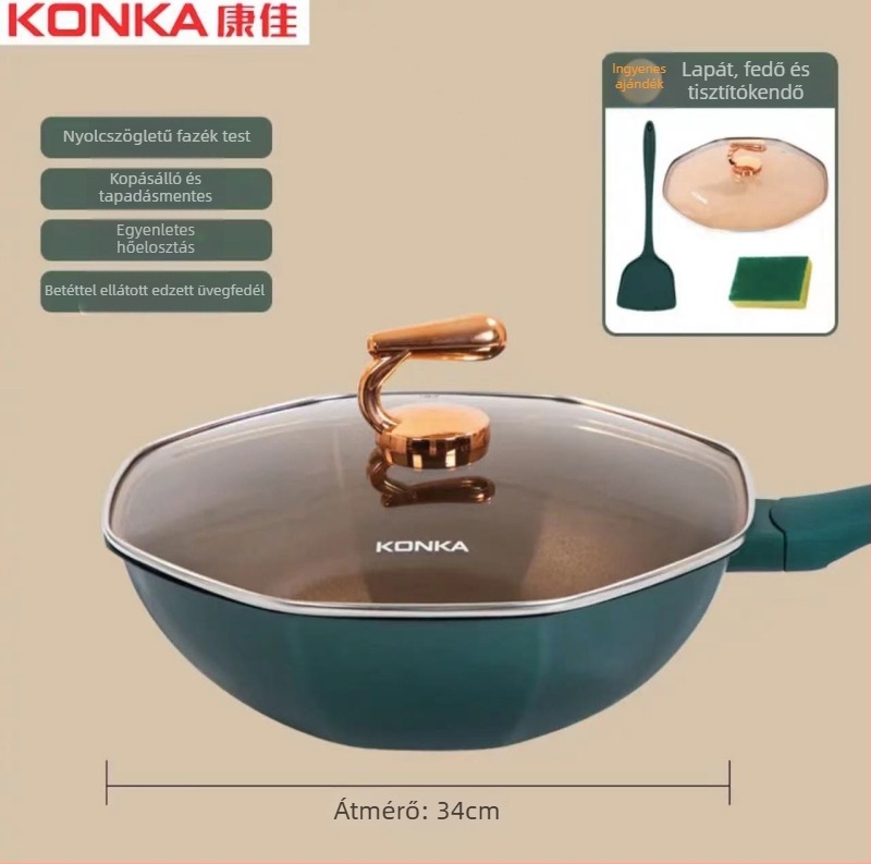 Konka titán nyolcszögletű wok antiadhéziós bevonattal, többrétegű alj, fedő temperált üvegből