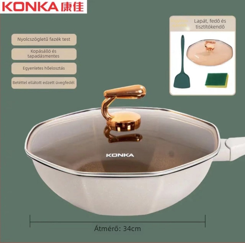 Konka titán nyolcszögletű wok antiadhéziós bevonattal, többrétegű alj, fedő temperált üvegből