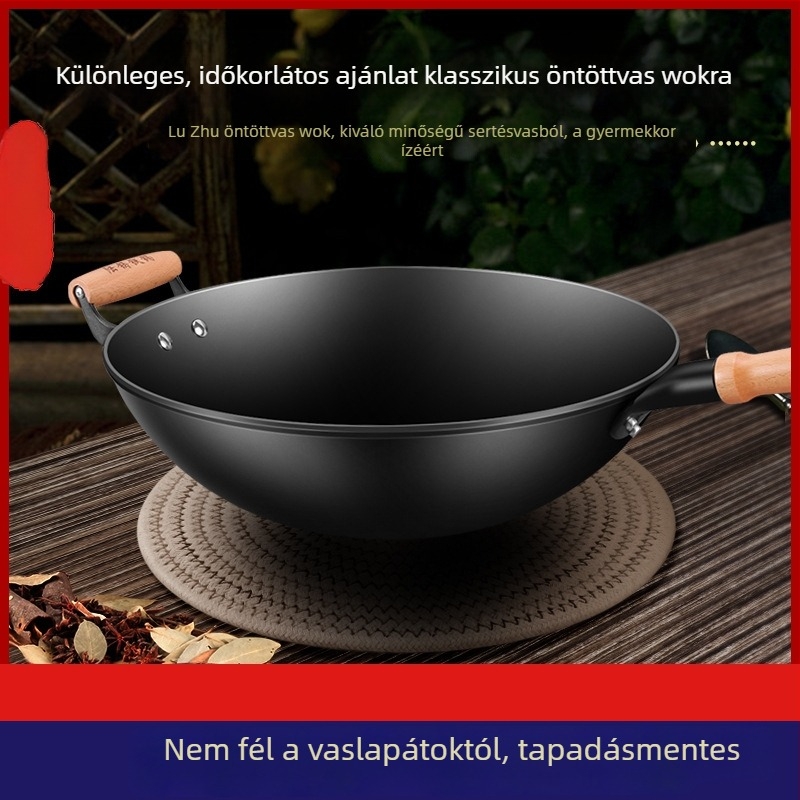 Luchuan öntöttvas wok, kézzel készített, régi stílusú, kör és sík aljú kivitel, bevonat nélkül, gázfőzőhöz