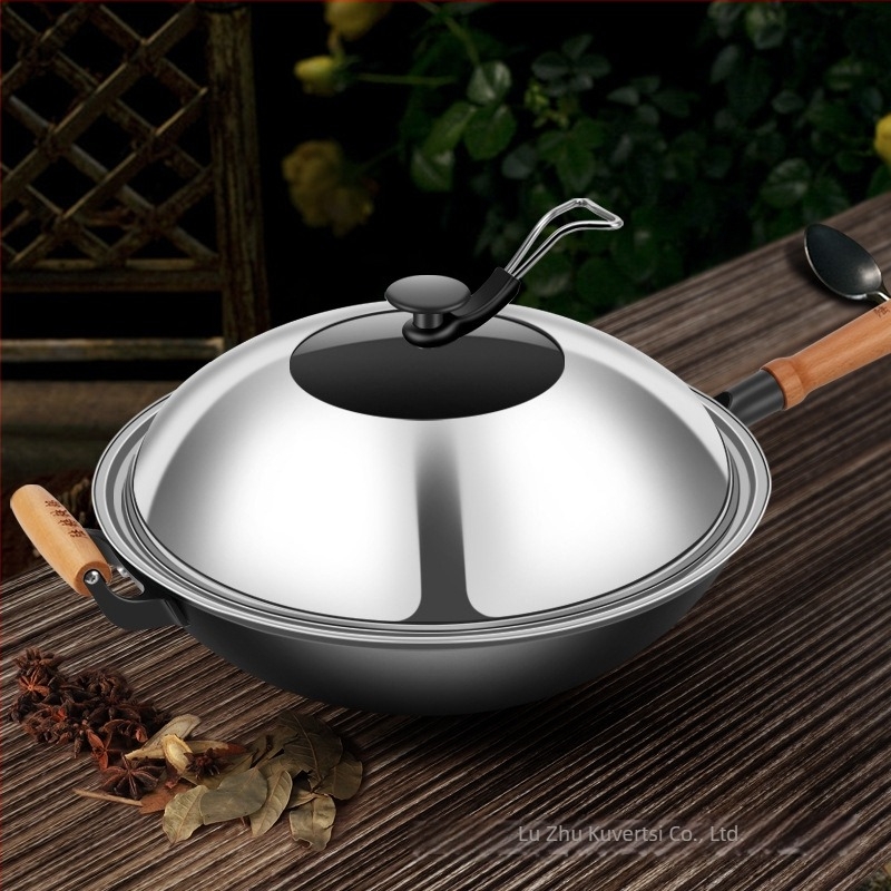 Luchuan öntöttvas wok, kézzel készített, régi stílusú, kör és sík aljú kivitel, bevonat nélkül, gázfőzőhöz