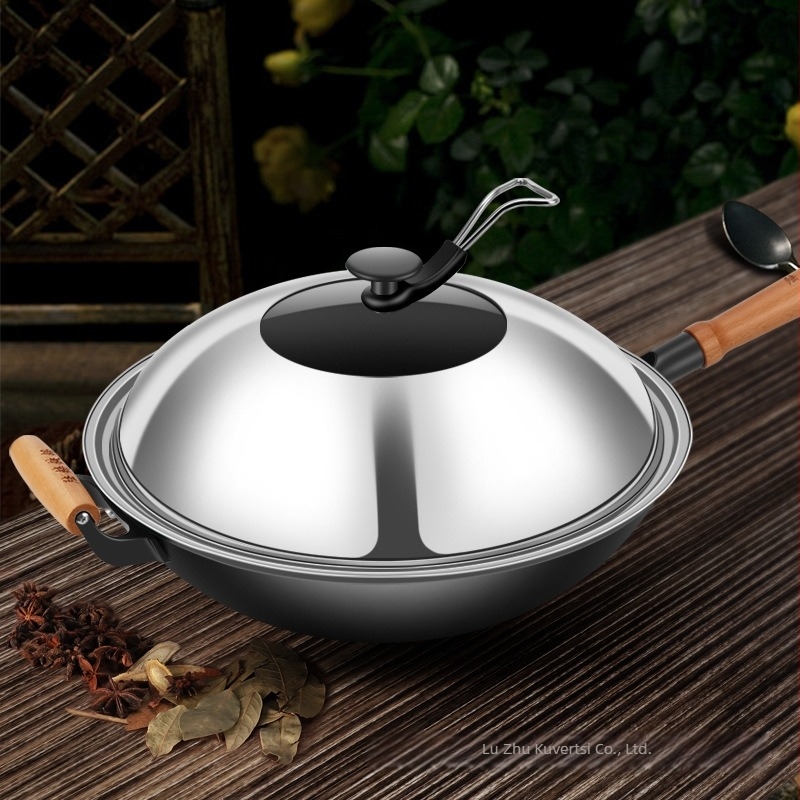 Luchuan öntöttvas wok, kézzel készített, régi stílusú, kör és sík aljú kivitel, bevonat nélkül, gázfőzőhöz