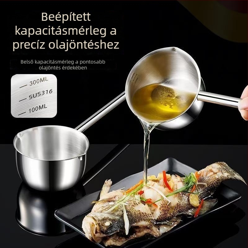 304 rozsdamentes acél mini olajtál hosszú nyéllel az olaj öntéséhez és permetezéséhez; elérhető 300 ml és 500 ml