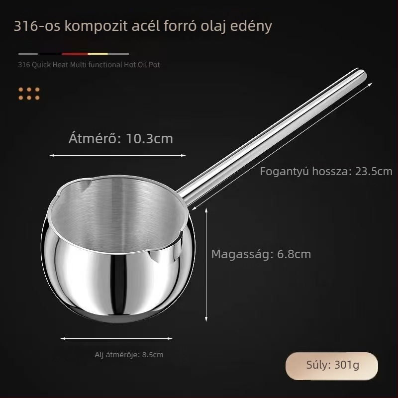 304 rozsdamentes acél mini olajtál hosszú nyéllel az olaj öntéséhez és permetezéséhez; elérhető 300 ml és 500 ml