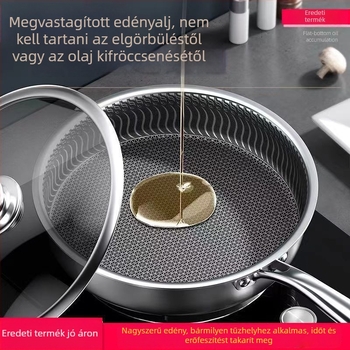 304 rozsdamentes acél serpenyő, tapadásmentes, tojás és steak sütésére, kétoldalas lapos serpenyő
