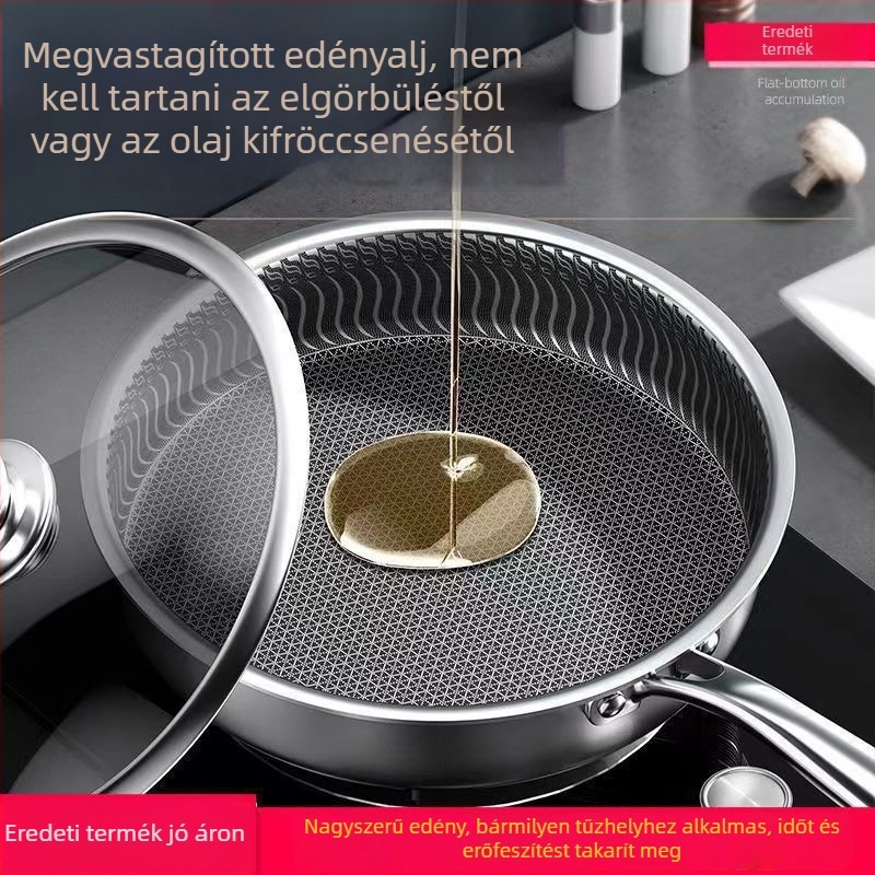 304 rozsdamentes acél serpenyő, tapadásmentes, tojás és steak sütésére, kétoldalas lapos serpenyő