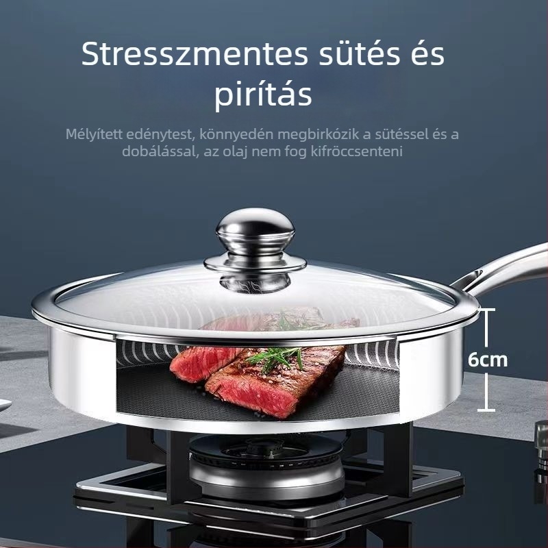 304 rozsdamentes acél serpenyő, tapadásmentes, tojás és steak sütésére, kétoldalas lapos serpenyő
