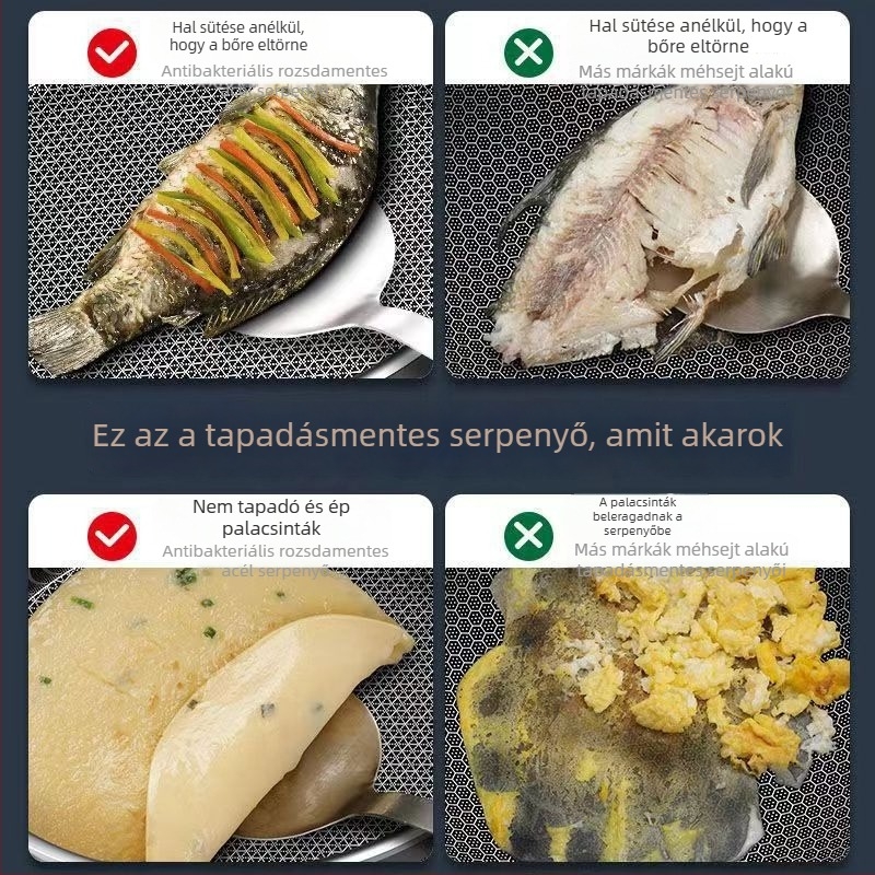 304 rozsdamentes acél serpenyő, tapadásmentes, tojás és steak sütésére, kétoldalas lapos serpenyő