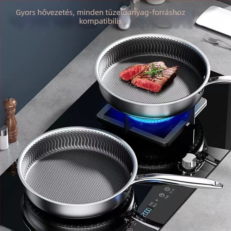 304 rozsdamentes acél serpenyő, tapadásmentes, tojás és steak sütésére, kétoldalas lapos serpenyő