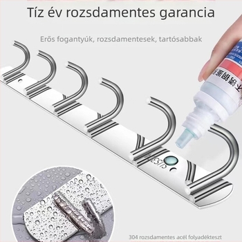 Rozsdamentes acélból készült, falra szerelhető akasztó- és tároló konyha és fürdőszoba számára, fúrás nélkül, egyrétegű dizájn (Anyag: rozsdamentes acél; Teherbírás: 30 kg; Felületkezelés: polírozás; Stílus: könnyű luxus)