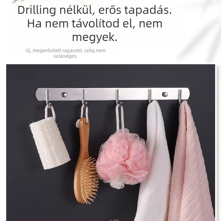 Rozsdamentes acélból készült, falra szerelhető akasztó- és tároló konyha és fürdőszoba számára, fúrás nélkül, egyrétegű dizájn (Anyag: rozsdamentes acél; Teherbírás: 30 kg; Felületkezelés: polírozás; Stílus: könnyű luxus)