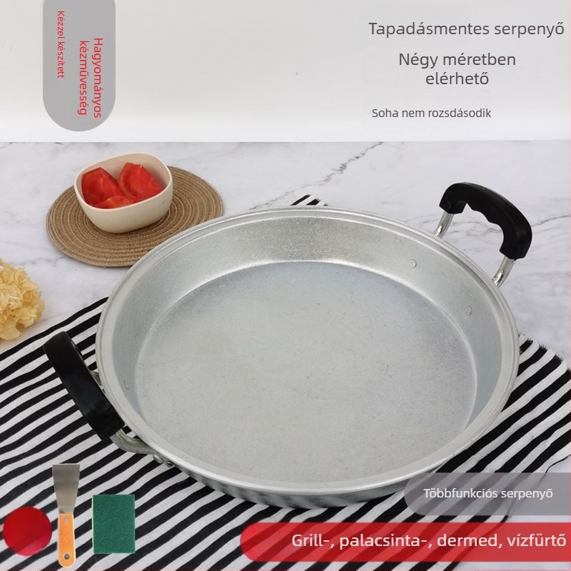 Kézzel készített alumínium serpenyő, sík aljzattal, dupla fogantyúval, tapadásmentes, kínai stílusú
