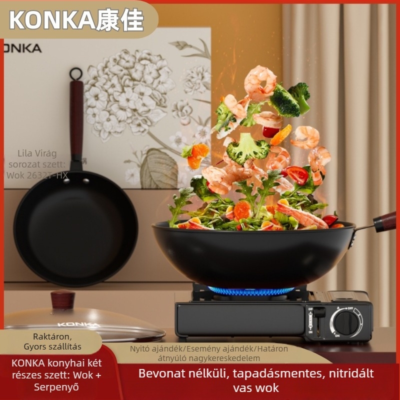Konka Blossom sorozat bevonat nélküli öntöttvas edények kettő darabos készlet: wok és serpenyő