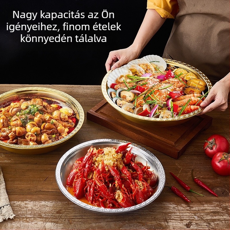 Rozsdamentes acél homártál, kör alakú, koreai arany befejezésével, éttermeknek és szállodáknak, többfunkciós tál tenger gyümölcseihez és grillhez