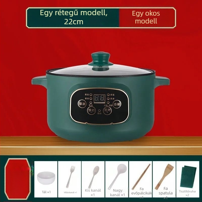 Többfunkciós elektromos fazék porcelán kristály belső tálval, kapacitás <1 L, teljesítmény ≤800 W, mikroprocesszoros vezérlés, funkciók: pirítás, főzés, forró fazék