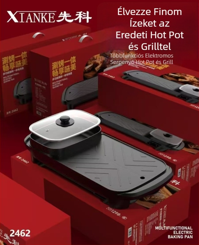 Minden egyben elektromos forró fazék és grill, kapacitás 4–5 L, 1200–1500 W teljesítmény, belső edény mélysége 7 cm, 5–6 személyre, shabu-shabu és grill