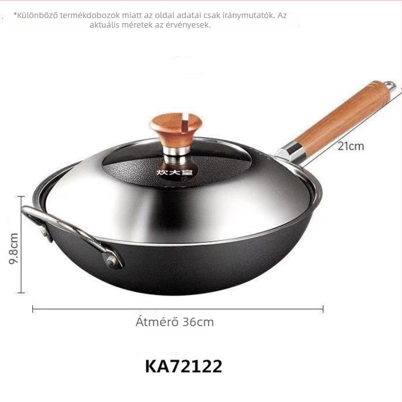 Finomított vasból készült bevonat nélküli wok, KA72108, alja egyrétegű, fedél rozsdamentes acél üveggel, minden főzőfelülethez