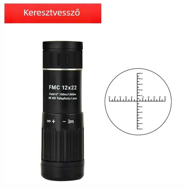 Monokuláris távcső 12x22, keresztes retikül, gyenge fényű éjszakai látás, kompakt hordozható távolságmérő