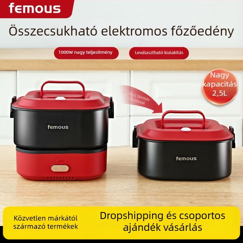Famous elektromos forrófazék szétválasztható, összecsukható kivitel, 2,5 L, 801–1000 W, száraz égés elleni védelem, fém test