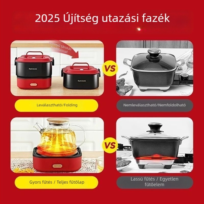 Famous elektromos forrófazék szétválasztható, összecsukható kivitel, 2,5 L, 801–1000 W, száraz égés elleni védelem, fém test